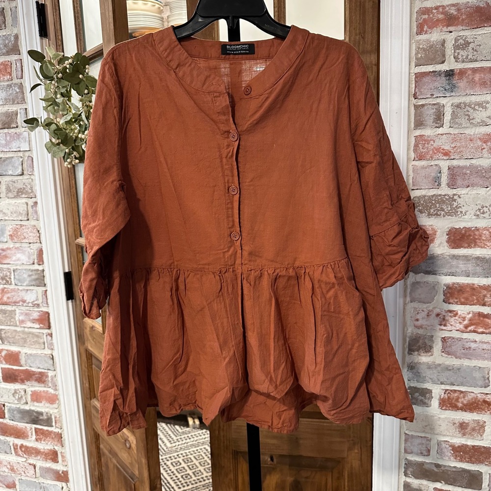 BloomChic Peplum Top Women Orange Cotton Henley Ruffle Cottagecore Boho 16